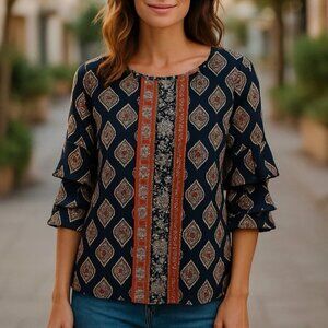 Van Heusen Women's Large Work Casual Ruffle BOHO Artisan 3/4 Sleeve Blouse Top